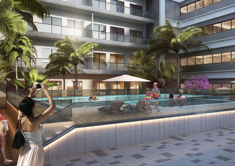 Render of the pool deck in the courtyard at Nest Residence