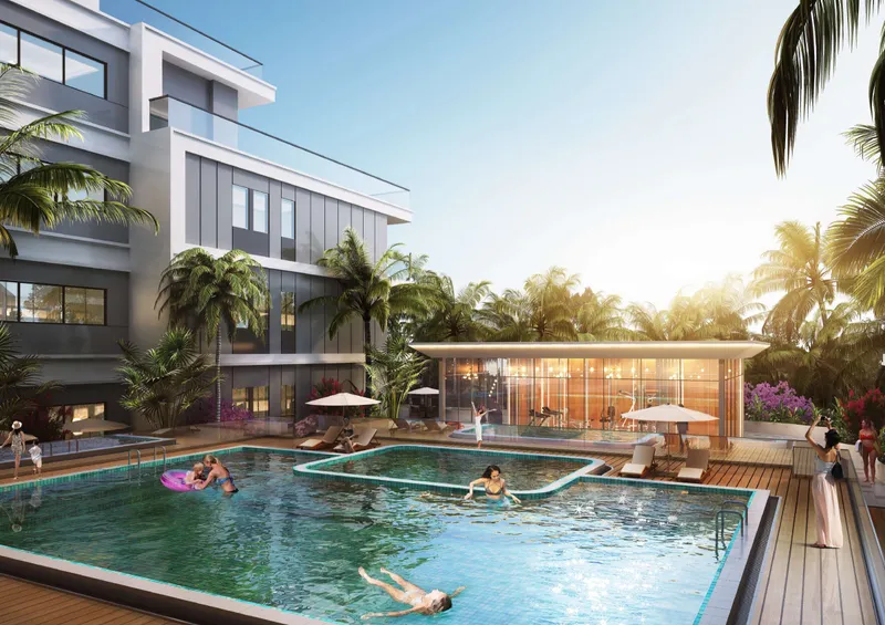 Render of the swimming pool and poolside lounge at Nest Residence