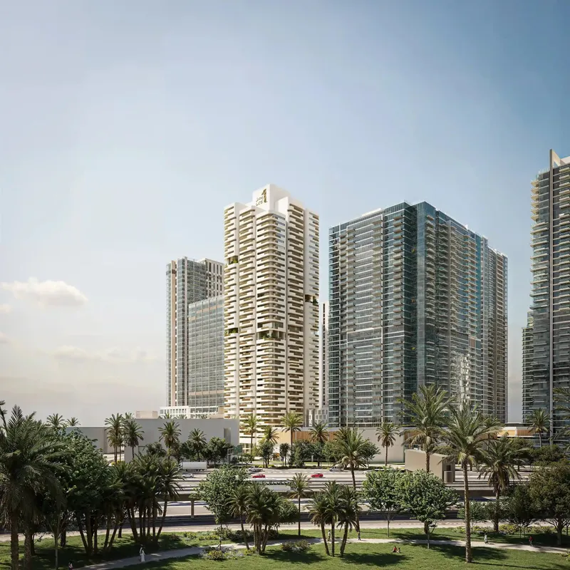 Nine Collective among the Wasl 1 towers, seen from Zabeel Park