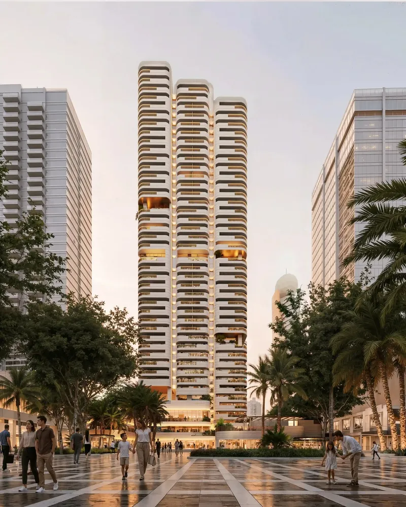 Nine Collective tower seen from the Wasl 1 plaza at dusk
