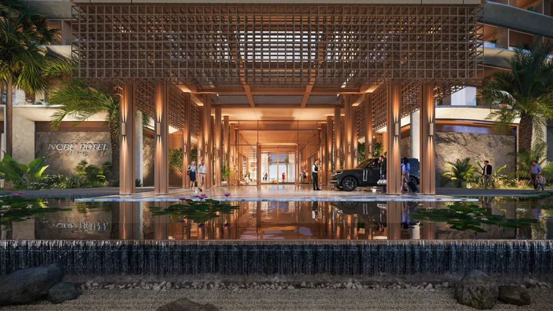 Arrival court with a timber lattice canopy and a reflecting pool at Nobu Residences Abu Dhabi