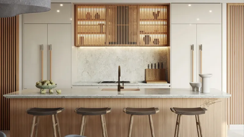 Kitchen with a stone island, bar stools and slatted timber shelving in a Nobu Residences home
