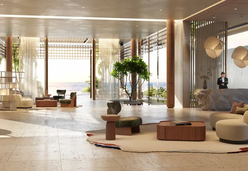 Residents' lobby lounge with timber columns, low seating and sea views at Nobu Residences Abu Dhabi