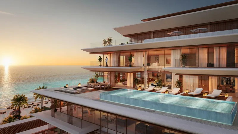 Stepped terraces with a pool and timber screens at sunset at Nobu Residences Abu Dhabi