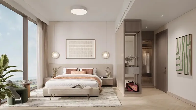 Render of a bedroom in a Nura apartment