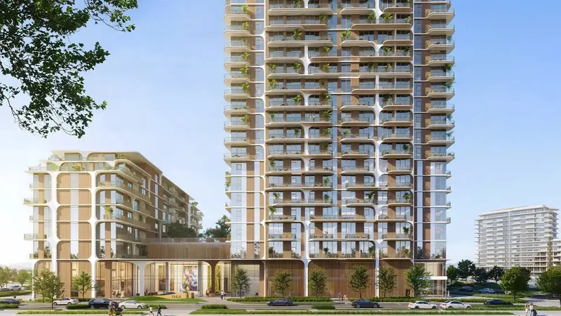 Render of Nura's 19-floor Tower A and six-floor Tower B from the Downtown Mina boulevard
