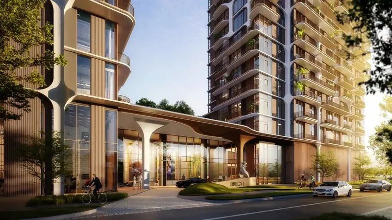 Render of the arrival canopy and drop-off at Nura, Downtown Mina