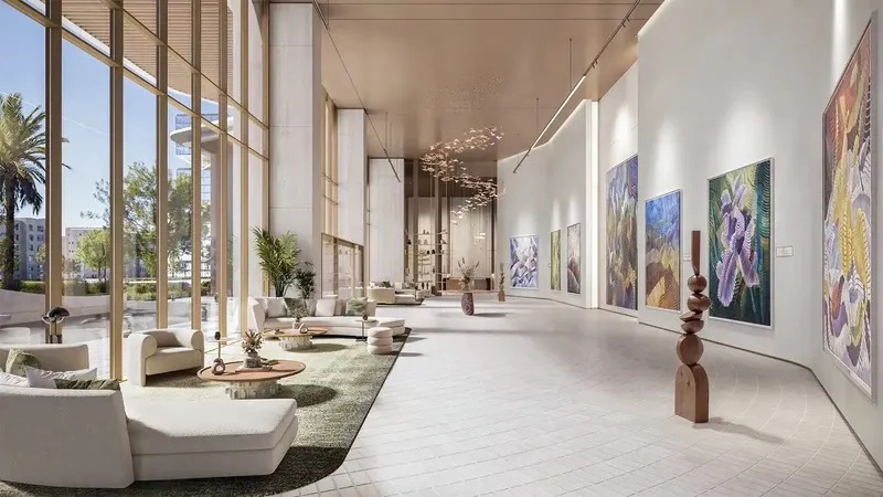 Render of the double-height lobby and exhibition space at Nura