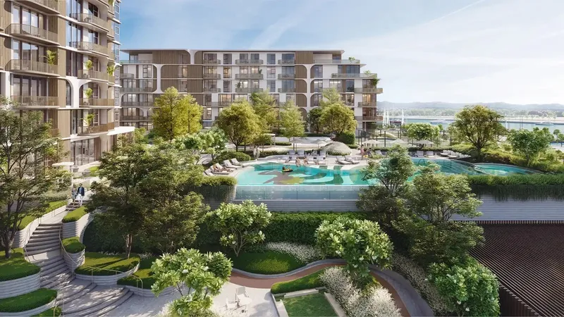 Render of the podium garden and curved pool at Nura