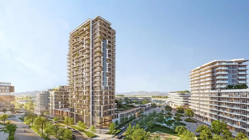 Render of Nura's two towers by RAK Properties in Downtown Mina, Ras Al Khaimah