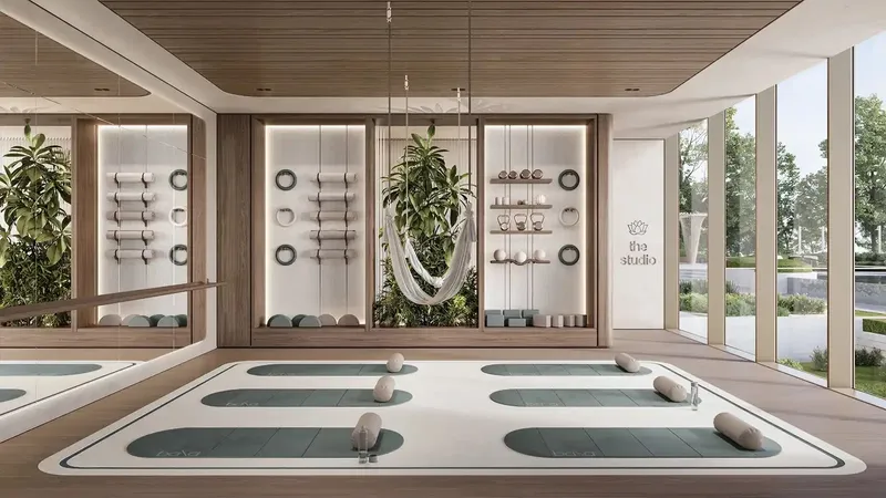 Render of the yoga studio at Nura