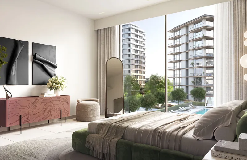 Interior render of an Ocean Cove bedroom with full-height windows facing the neighbouring buildings and pool