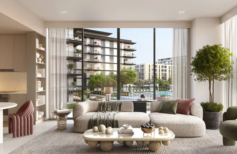 Interior render of an Ocean Cove living room with full-height windows facing the gardens