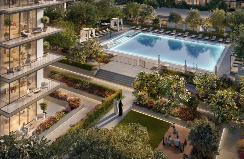 Aerial render of the Ocean Cove swimming pool, sun loungers and landscaped gardens