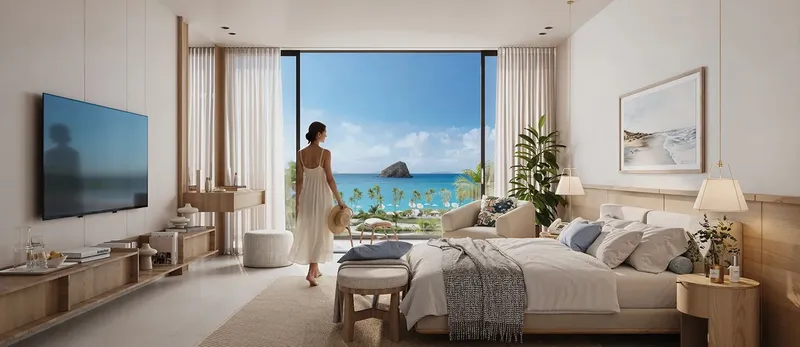Bedroom in an Oceana apartment opening onto a balcony with a view of the sea and Dibba Rock (developer render)