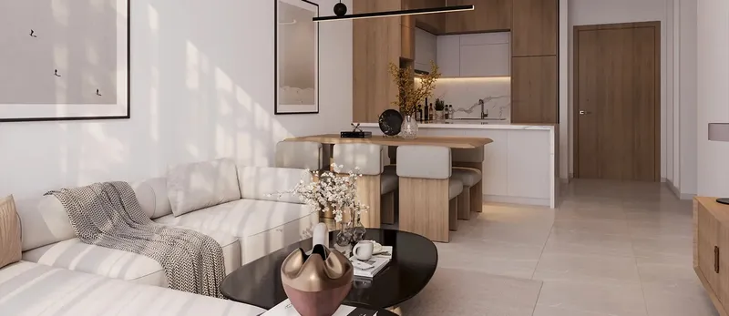 Open-plan living room and kitchen in an Oceana apartment (developer render)