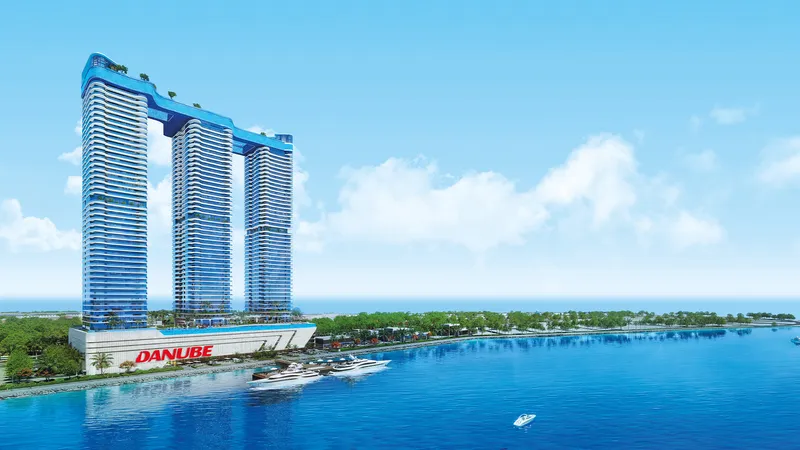 Three linked towers of Oceanz by Danube on the Dubai Maritime City waterfront