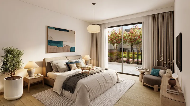 Render of a bedroom at Olbia with a sliding door onto a terrace and garden