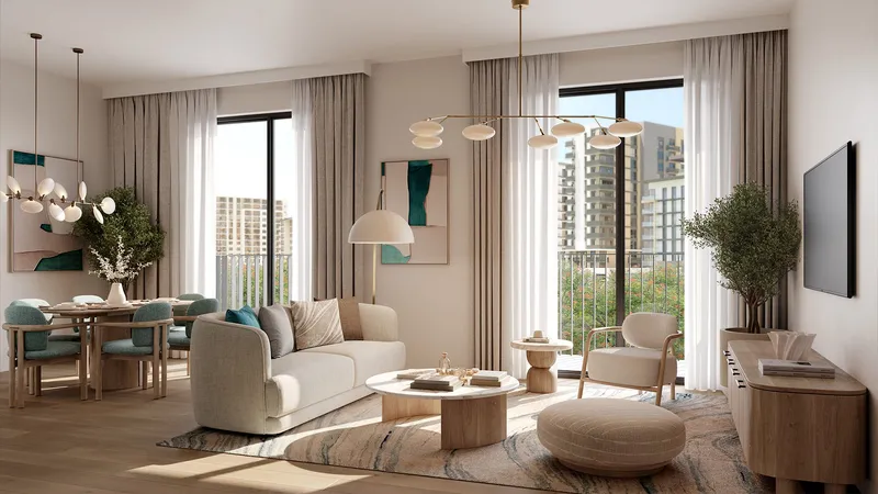 Render of a living and dining room at Olbia with full-height windows onto a balcony