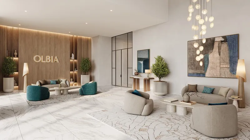 Render of the Olbia lobby with marble floors, timber wall panels and lounge seating