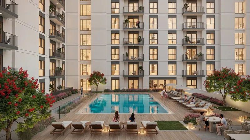Render of the swimming pool at Olbia with sun loungers and seating, framed by the building's balconies
