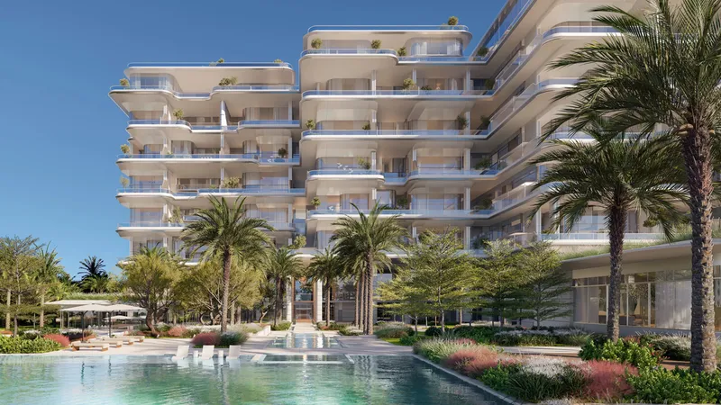 Render of ORLA's curved terraces seen across the pool and palm gardens