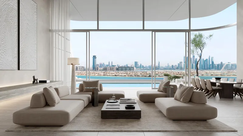 Render of an ORLA living room with floor-to-ceiling windows, a terrace pool and the skyline beyond