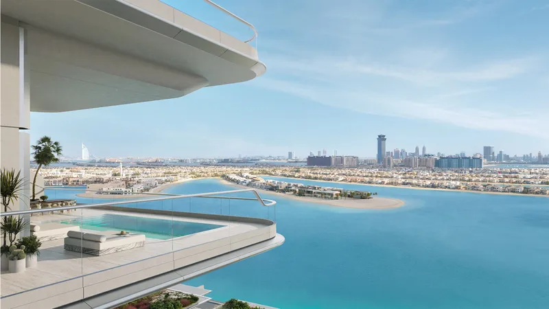 Render of an ORLA terrace pool looking across the Palm Jumeirah lagoon to the Dubai skyline