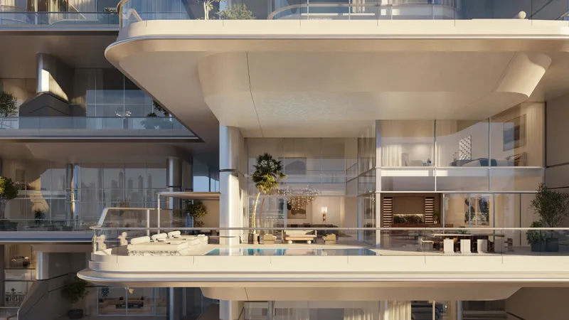 Render of a deep ORLA terrace with a private pool and a double-height living room behind