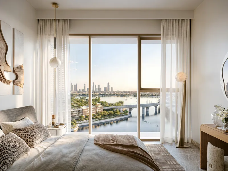 Interior render of a Palace Residences Creek Blue bedroom with a full-height window facing the creek