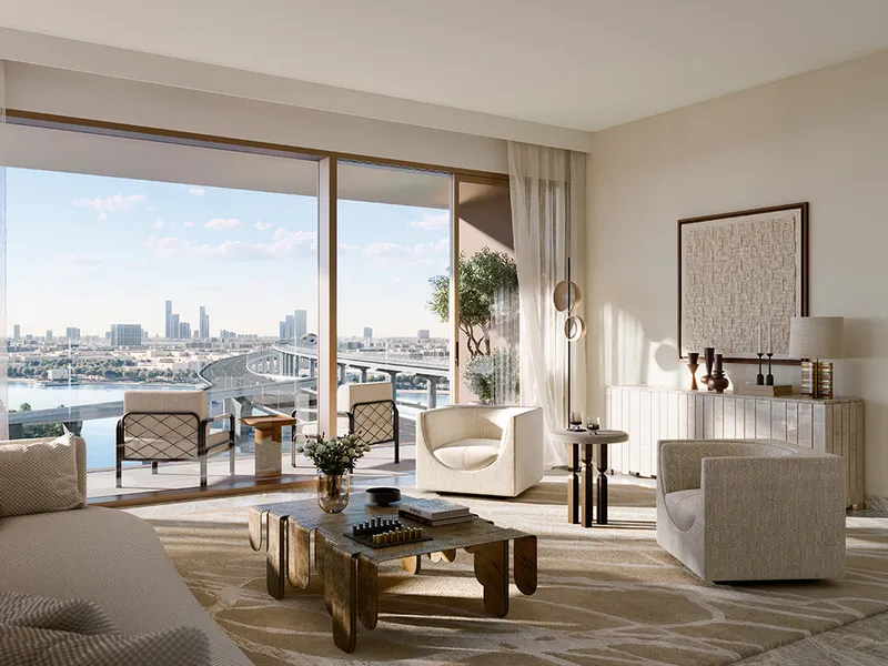 Interior render of a Palace Residences Creek Blue living room opening to a balcony with skyline views