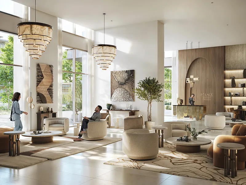 Interior render of the Palace Residences Creek Blue lobby with double-height windows and chandeliers