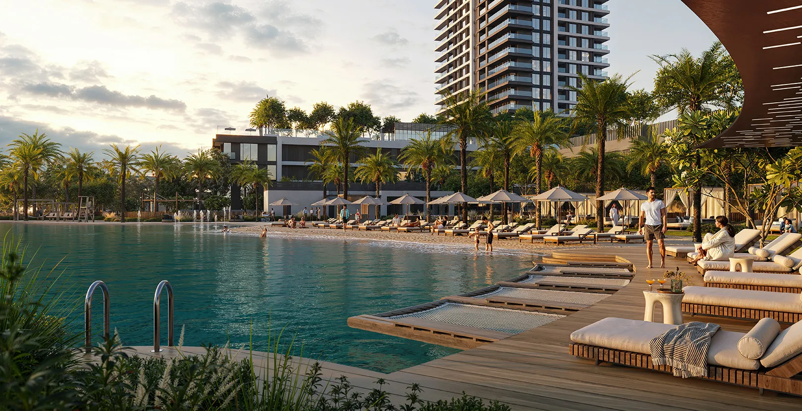 Render of the Palace Residences Creek Blue pool deck with sun loungers and the tower rising behind palm trees