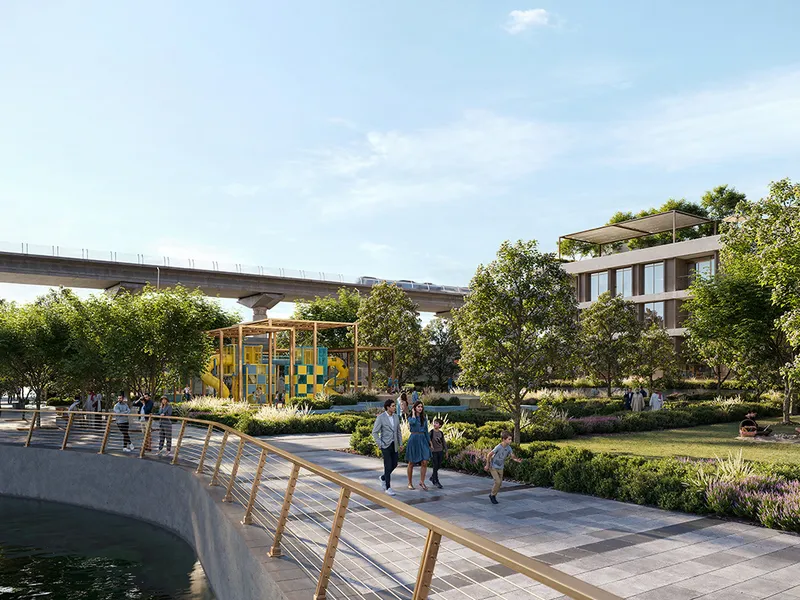 Render of a family walking along the promenade beside a play area and lawns at Palace Residences Creek Blue
