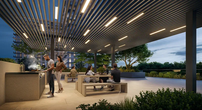 Render of residents at the covered BBQ area of Palace Residences Hillside