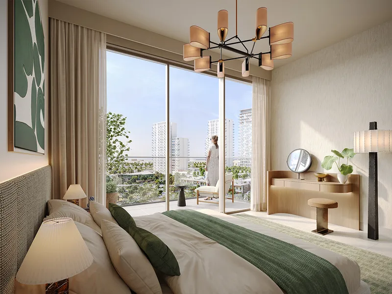 Interior render of a Palace Residences Hillside bedroom opening onto a balcony