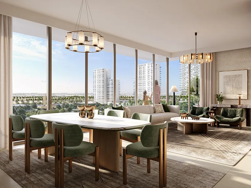 Interior render of a Palace Residences Hillside living and dining room with full-height windows