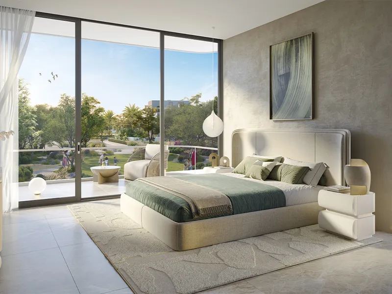 Interior render of a Park Gate 2 bedroom with full-height glazing and a balcony over a park
