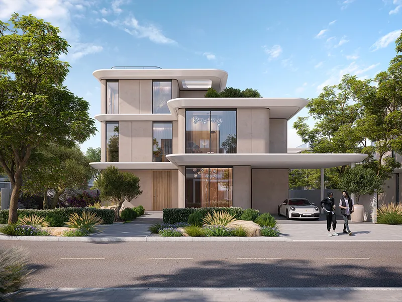 Render of a Park Gate 2 villa with curved roof lines seen from the street