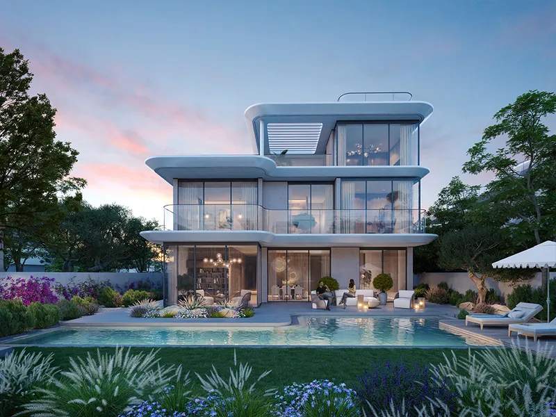 Render of the garden side of a Park Gate 2 villa at dusk with a pool and terrace