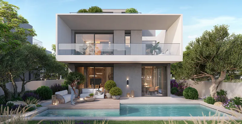 Render of the rear of a Park Gate 2 villa with a private pool, deck and garden