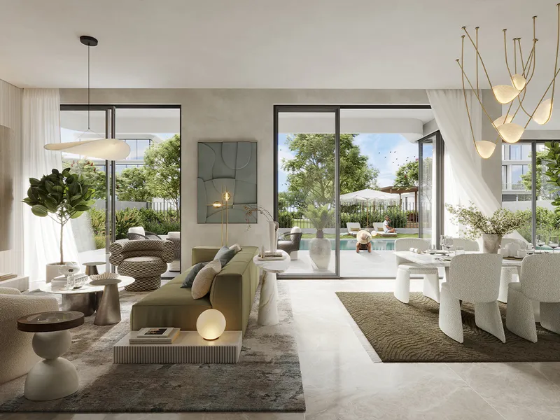 Interior render of a Park Gate 2 living and dining room opening onto the pool terrace