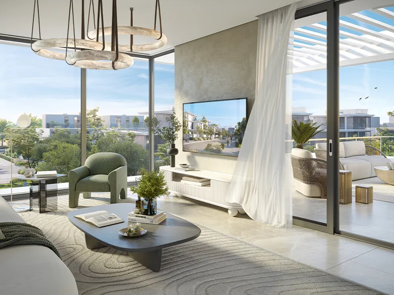Interior render of an upper-floor lounge in a Park Gate 2 villa with a terrace and views over the community