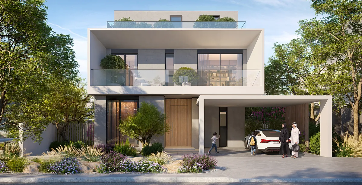 Render of the street front of a Park Gate 2 villa with a covered car port, timber door and planted terraces