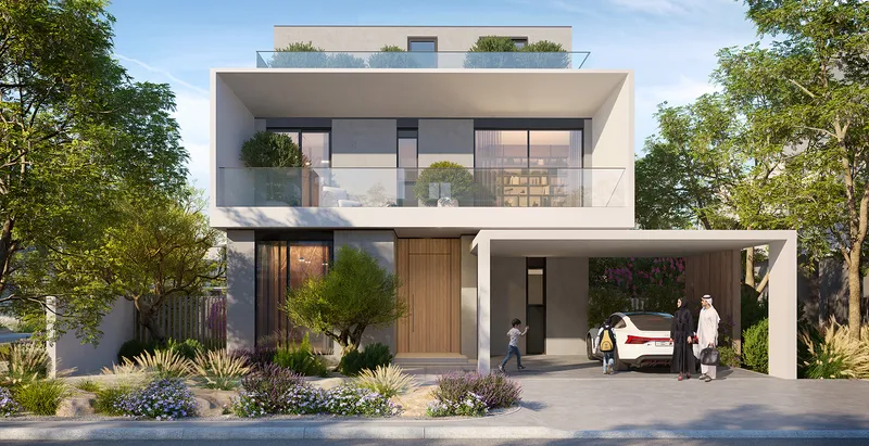 Render of the street front of a Park Gate 2 villa with a covered car port, timber door and planted terraces