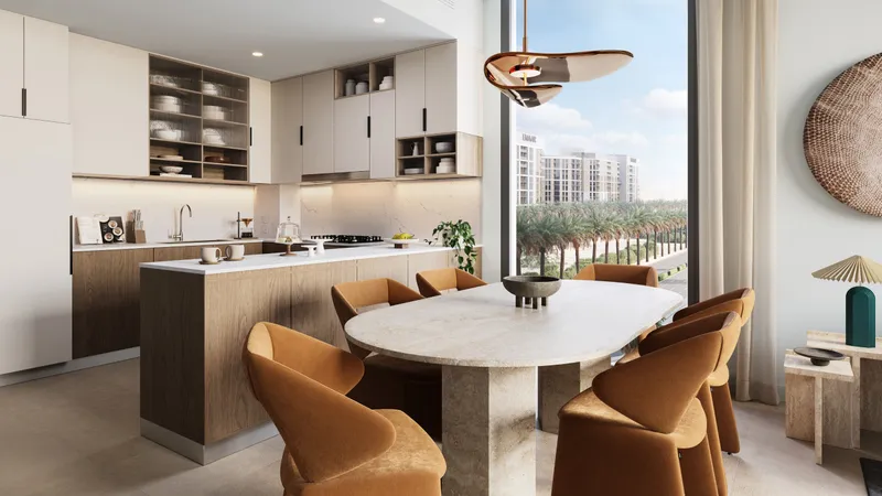 Interior render of a Park Lane open kitchen and dining area