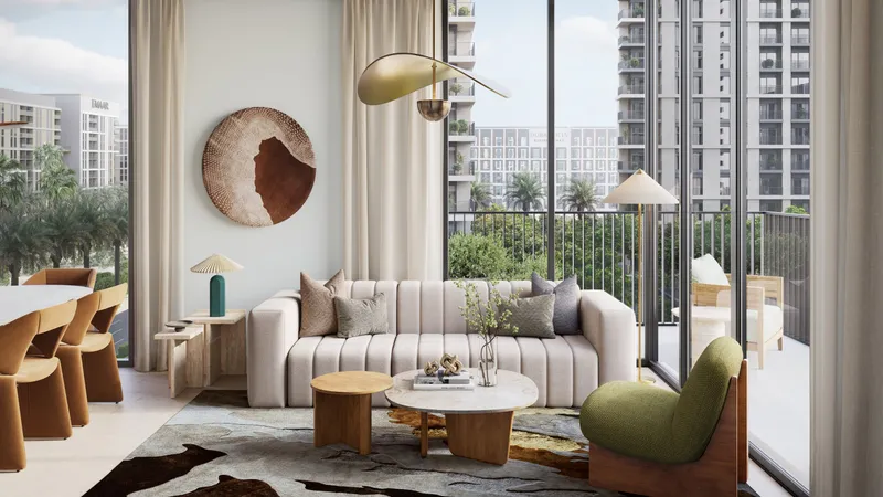 Interior render of a Park Lane living room with full-height windows and a balcony