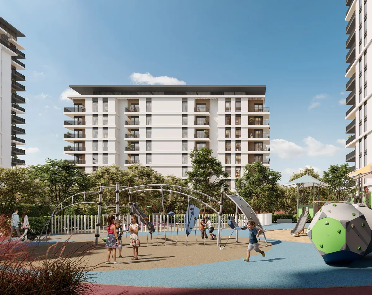Render of children at the Park Lane playground with an apartment building behind