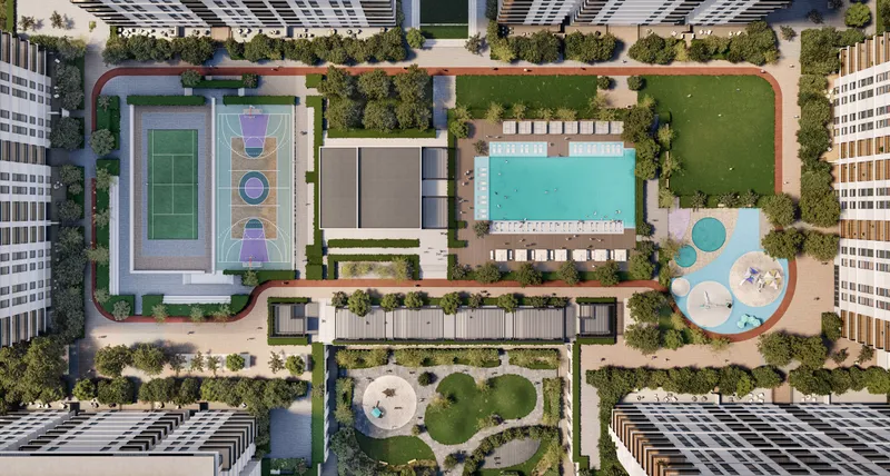 Aerial render of the Park Lane podium with the pool, sports courts, play area and gardens