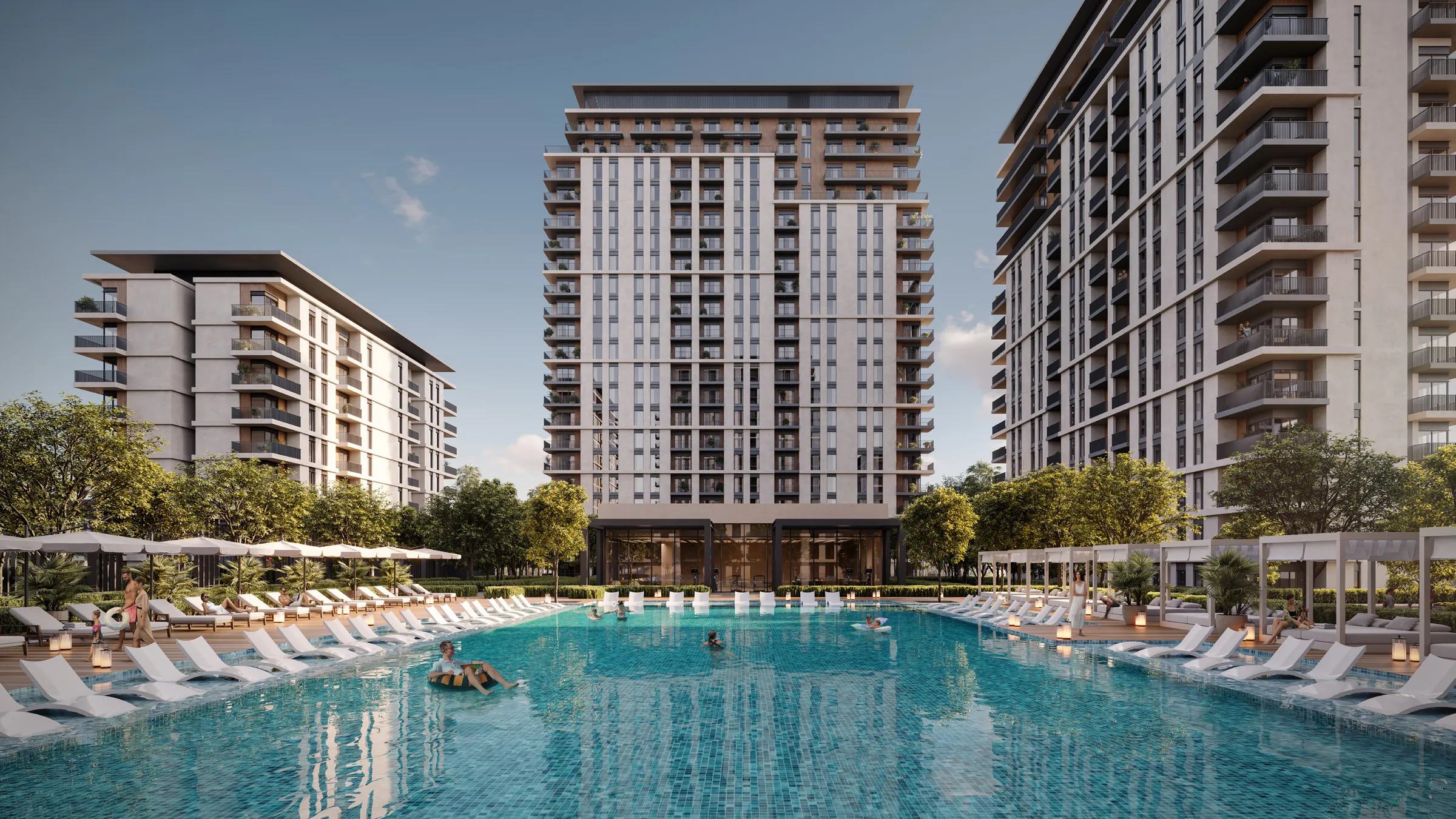 Render of the Park Lane pool with sun loungers and the apartment buildings behind